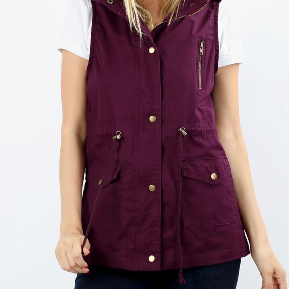 Plus Drawstring Military Hoodie Vest w/ Pockets